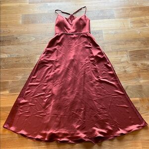 Elegant Rust Colored Satin Dress with Lace Foliage Detailing